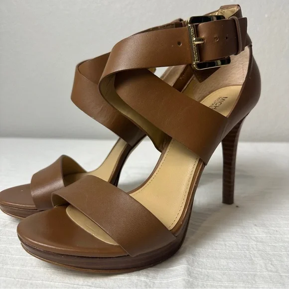 Michael Kors Brown Leather Strappy Stiletto Heels gold hardware - Picture 13 of 16